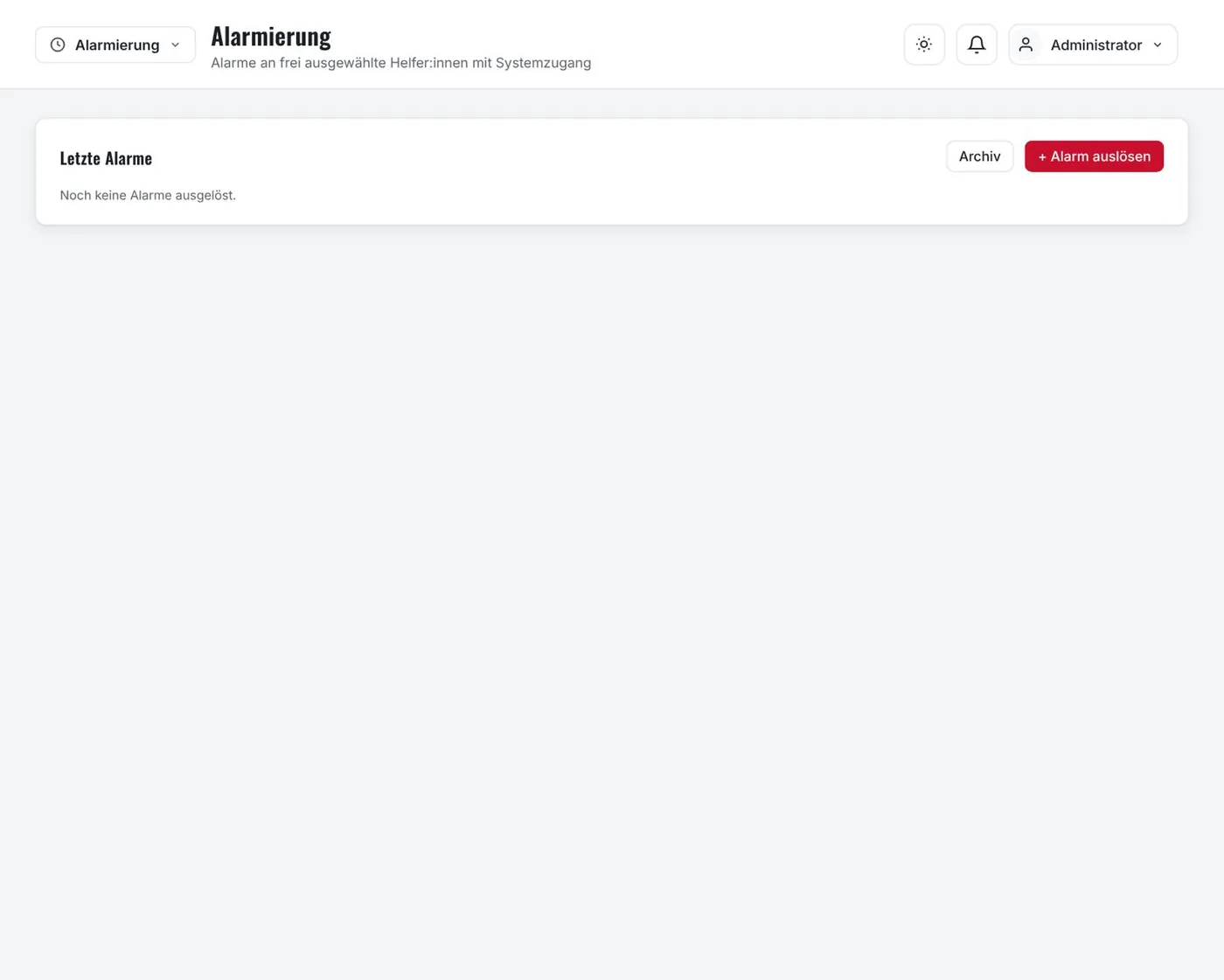 Alarmierung: Alarm auslösen, geplante Alarme, Archiv, Monitor.