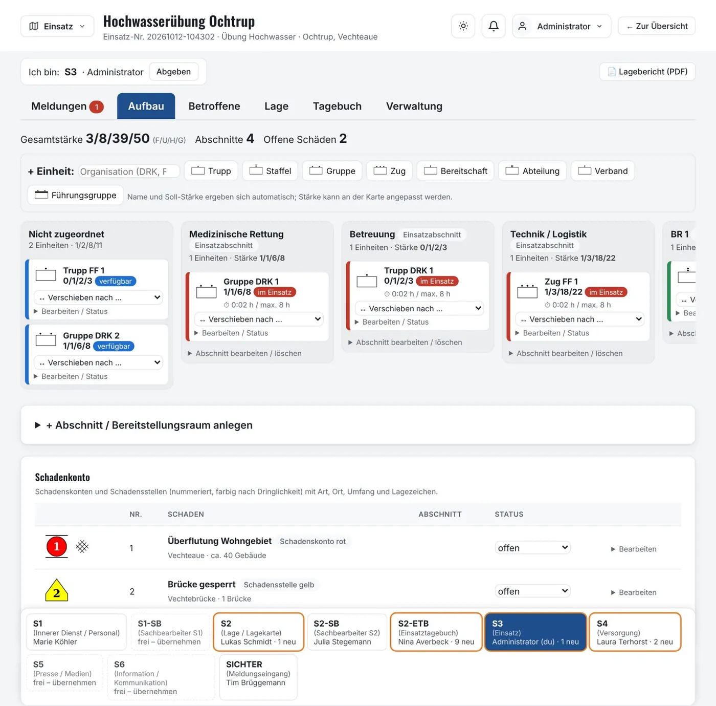 Aufbau-Board im Stab-Modus: Einheiten je Einsatzabschnitt, Schadenkonto und Funktionsleiste.