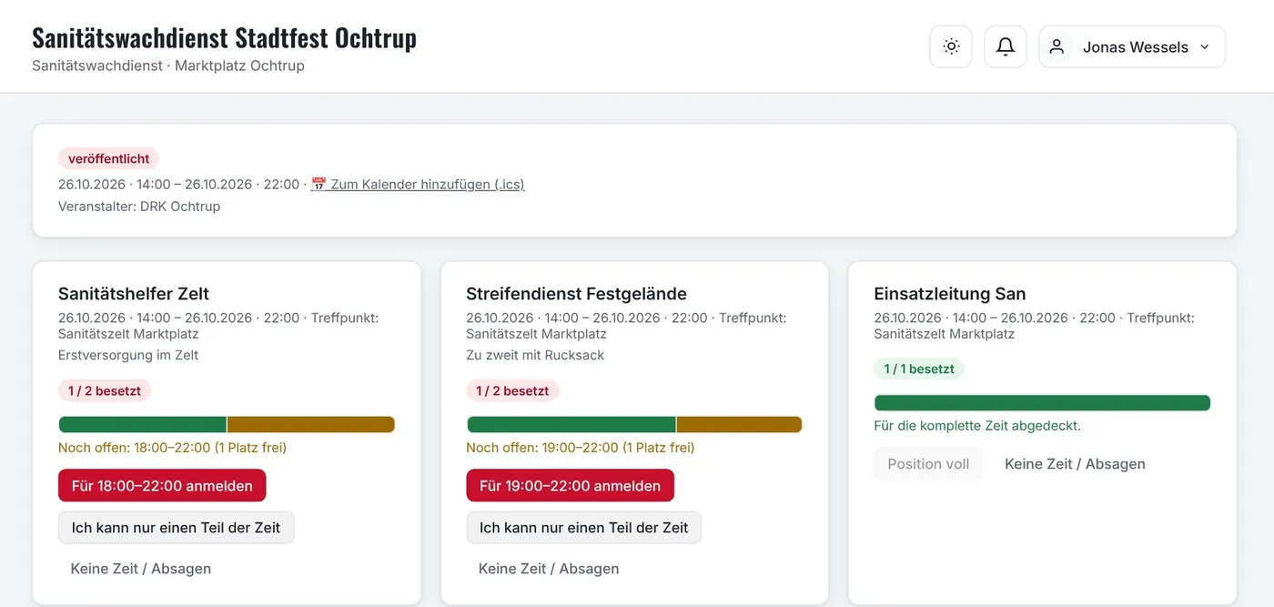 Helfer-Ansicht eines veröffentlichten Sanitätswachdienstes: Zeitstrahl und offene Zeitfenster je Position.
