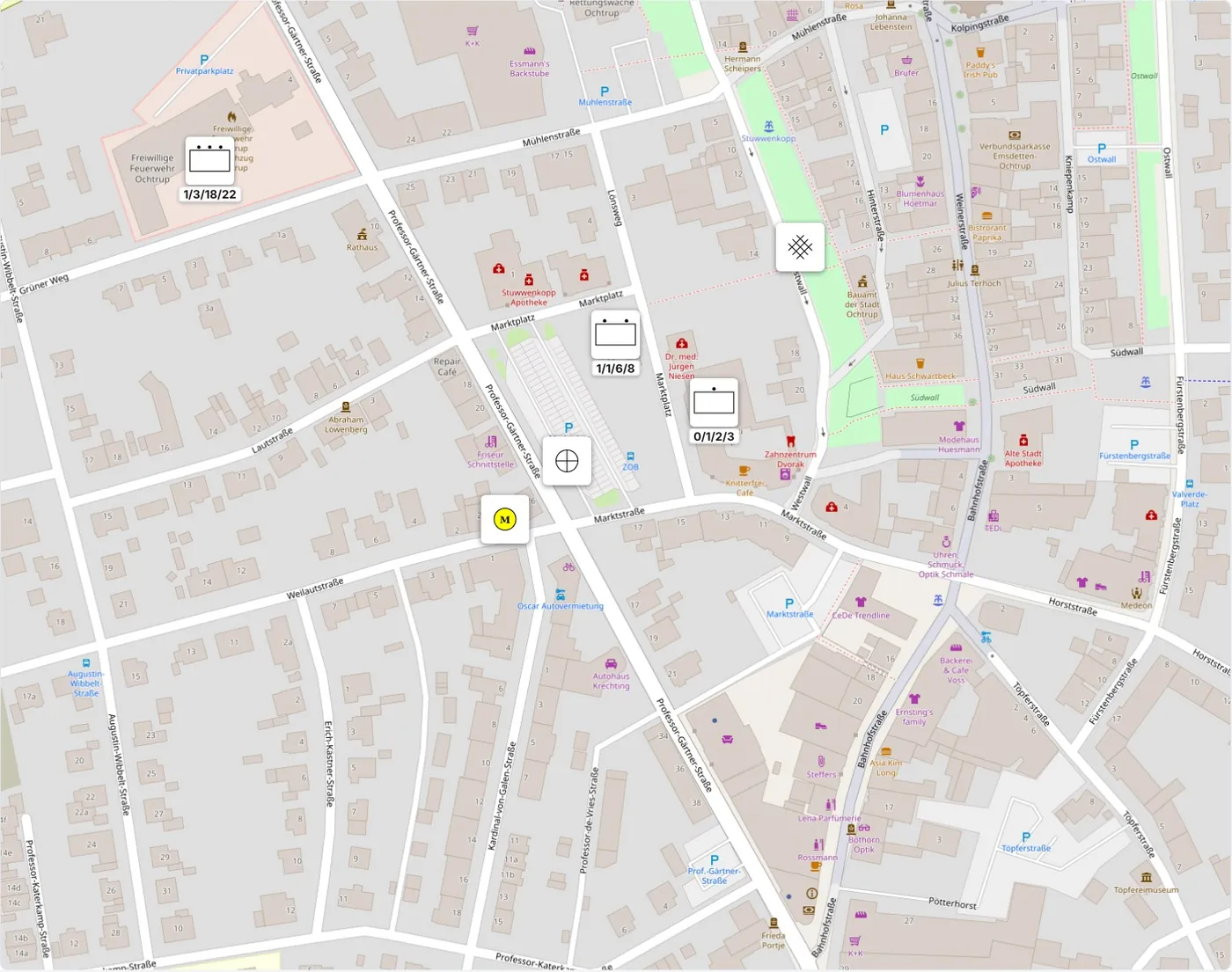 Lagekarte mit taktischen Zeichen (Beispiel Ochtrup, © OpenStreetMap-Mitwirkende) – auch für die Beamer-Ansicht im Lageraum.
