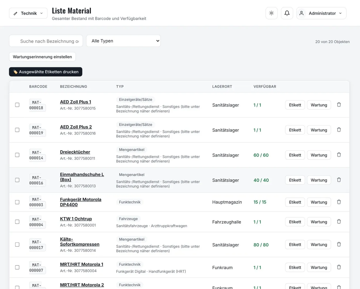 Materialliste mit Barcodes, Lagerorten und Verfügbarkeit (Bestand / Soll).