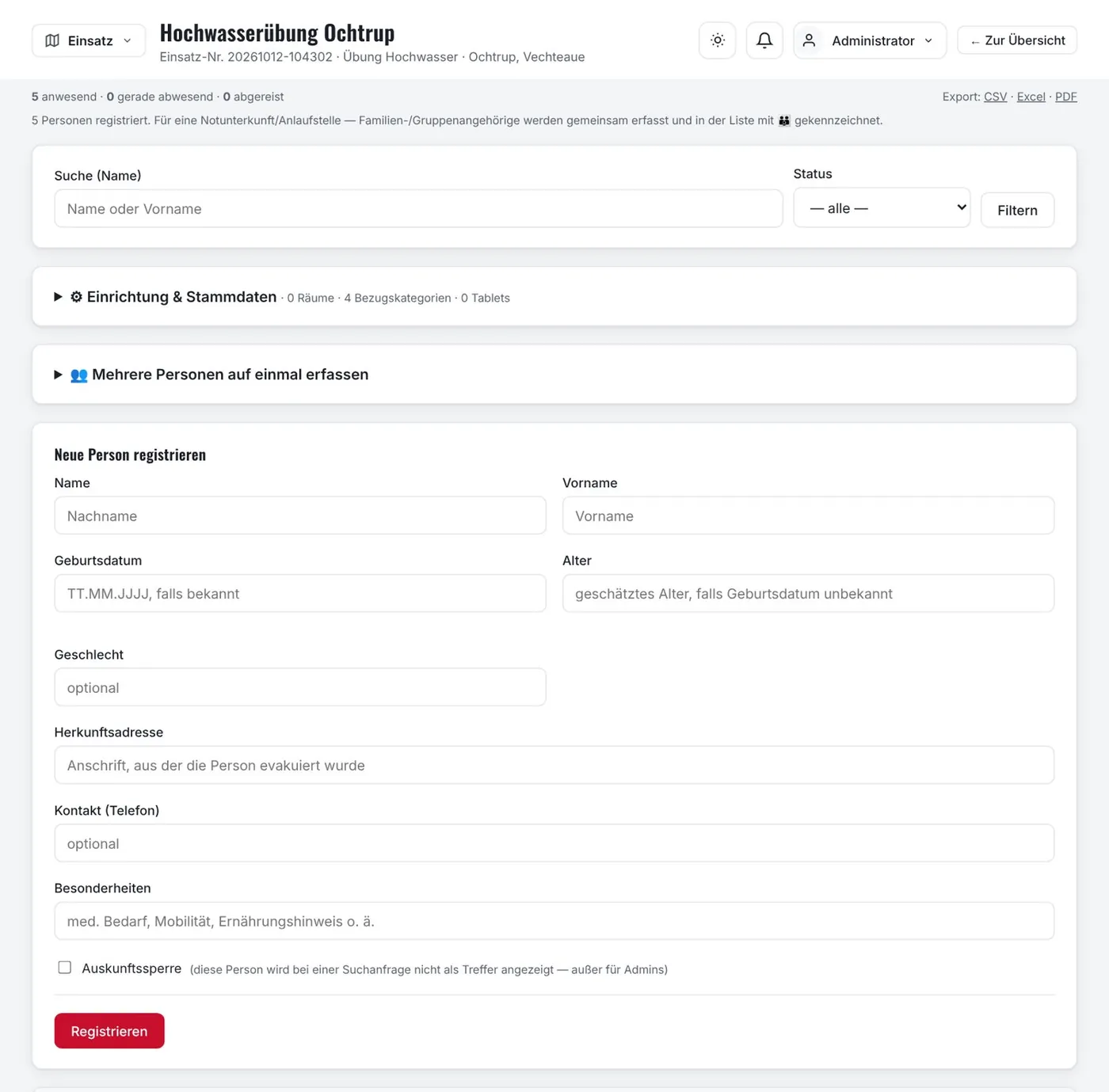 Registrierung Betreuter Personen: Erfassung, Gruppen, Räume und Anwesenheit.