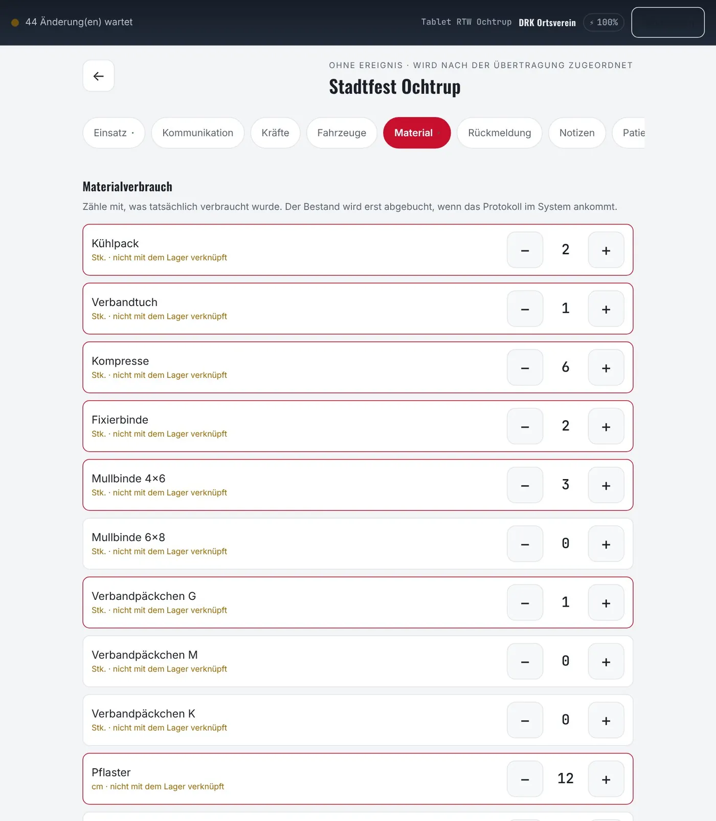 Materialverbrauch einfach mitzählen (+ / –).