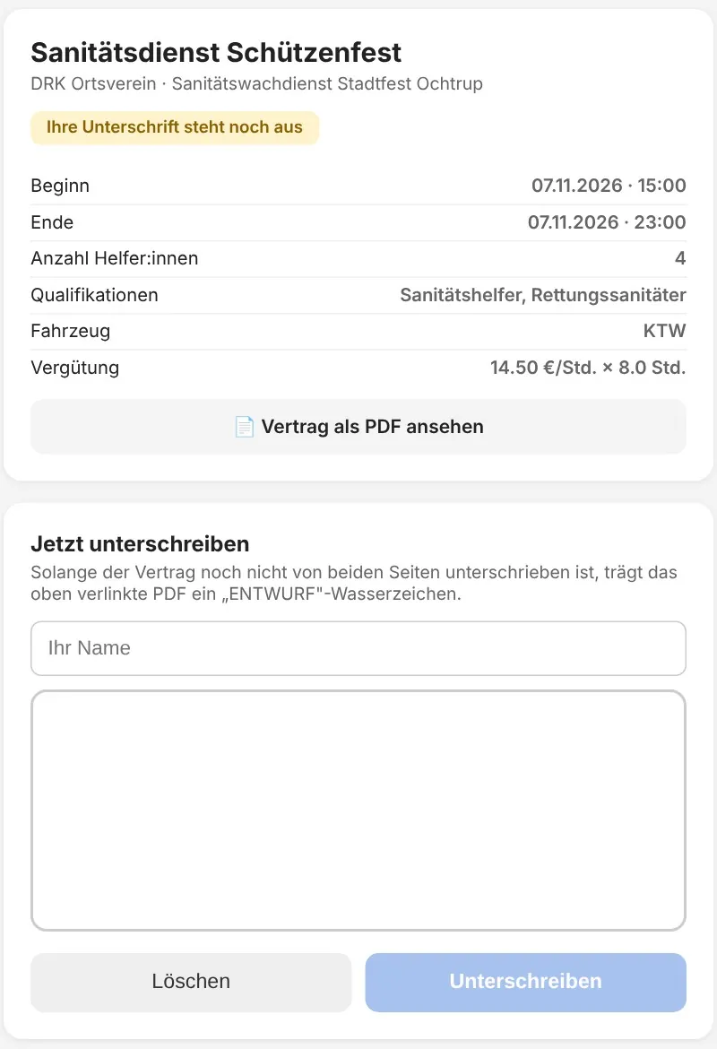 Auftraggeber: Vertrag ansehen und per Finger oder Maus unterschreiben.